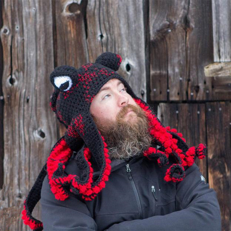 Crochet Octopus Hat with Wavy Tentacles, Large Eyes, Wool, 450g