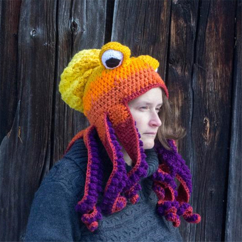 Crochet Octopus Hat with Wavy Tentacles, Large Eyes, Wool, 450g