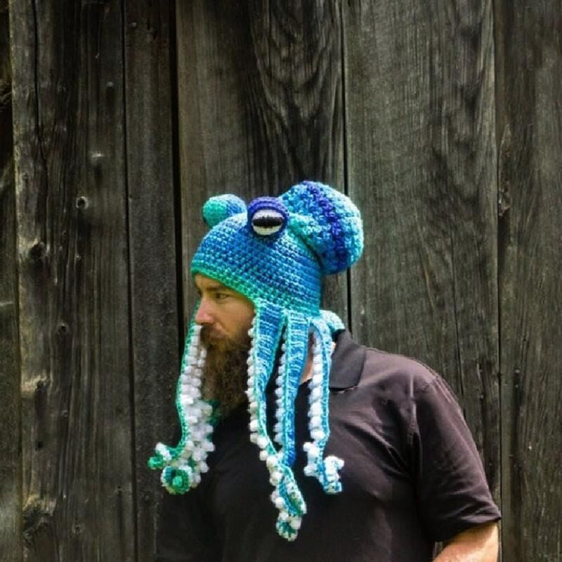 Crochet Octopus Hat with Wavy Tentacles, Large Eyes, Wool, 450g