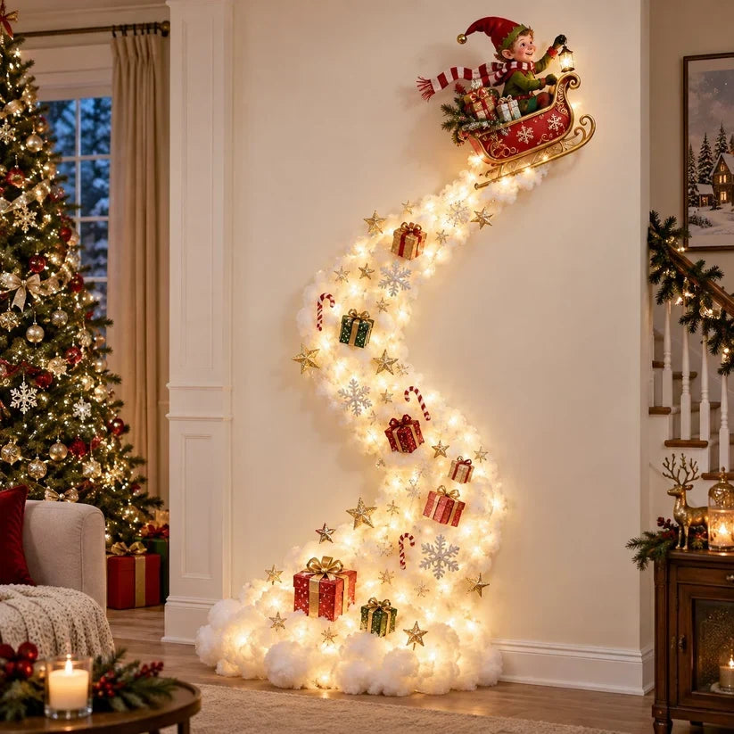 Christmas Wall Decoration with Warm Golden Lights and Winter Details