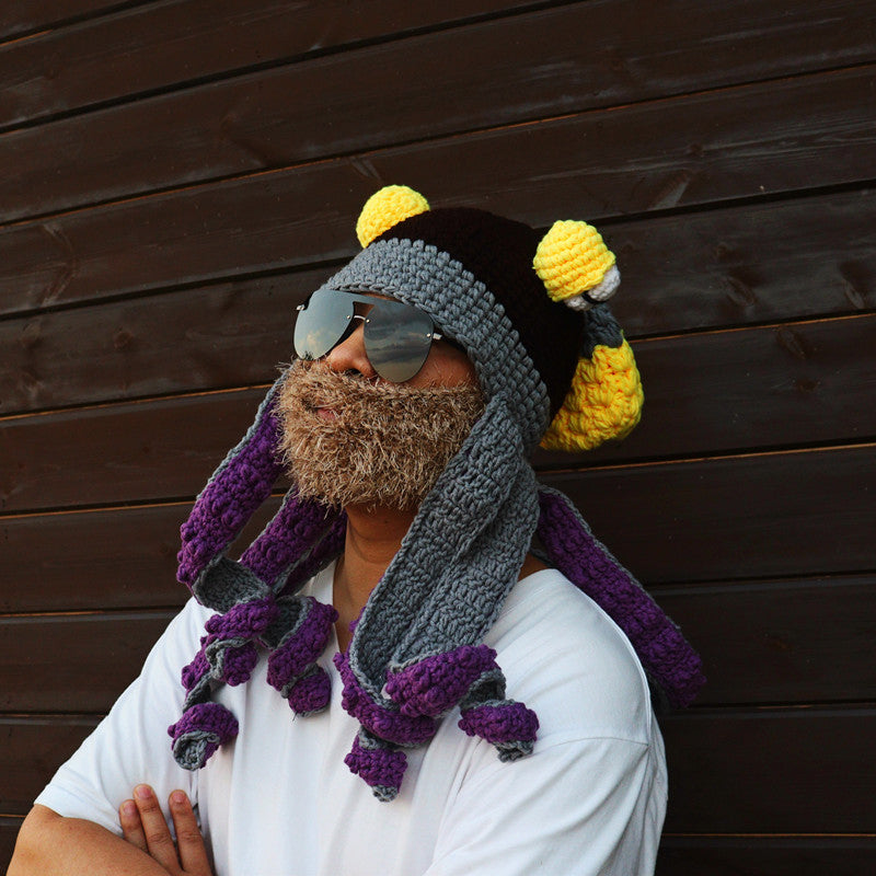 Crochet Octopus Hat with Wavy Tentacles, Large Eyes, Wool, 450g