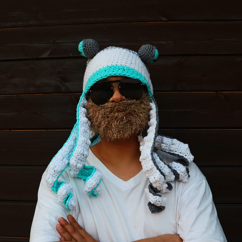 Crochet Octopus Hat with Wavy Tentacles, Large Eyes, Wool, 450g