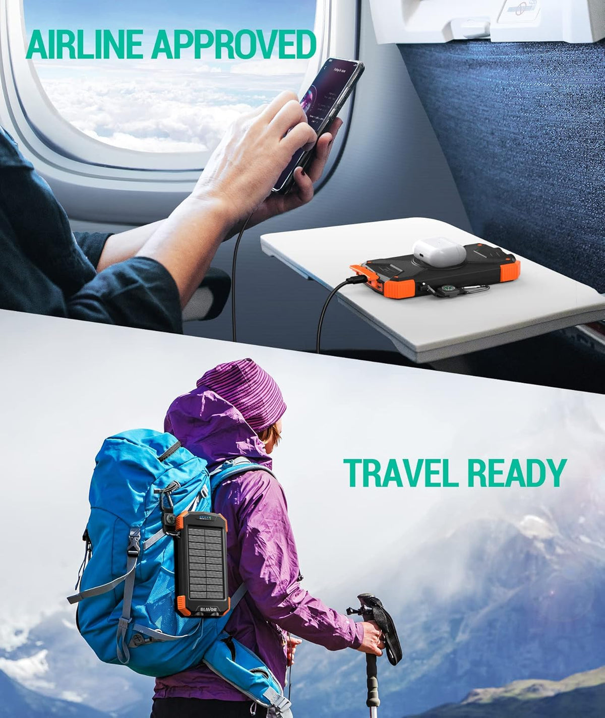 Solar Power Bank with Carabiner, IPX4 Splash Protection