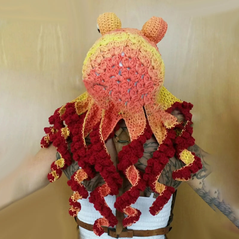 Crochet Octopus Hat with Wavy Tentacles, Large Eyes, Wool, 450g