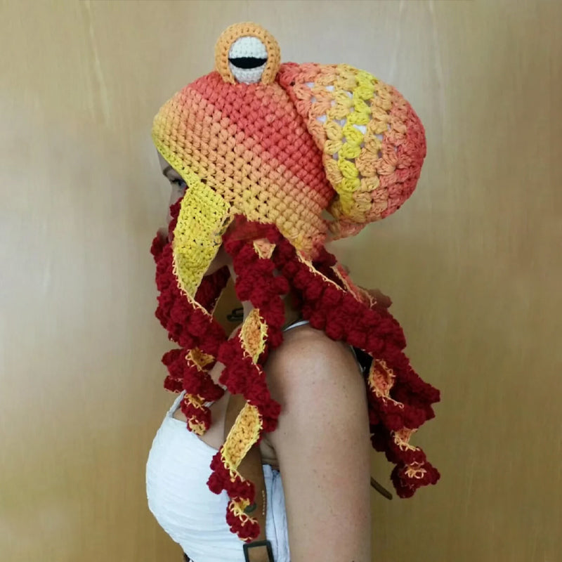 Crochet Octopus Hat with Wavy Tentacles, Large Eyes, Wool, 450g