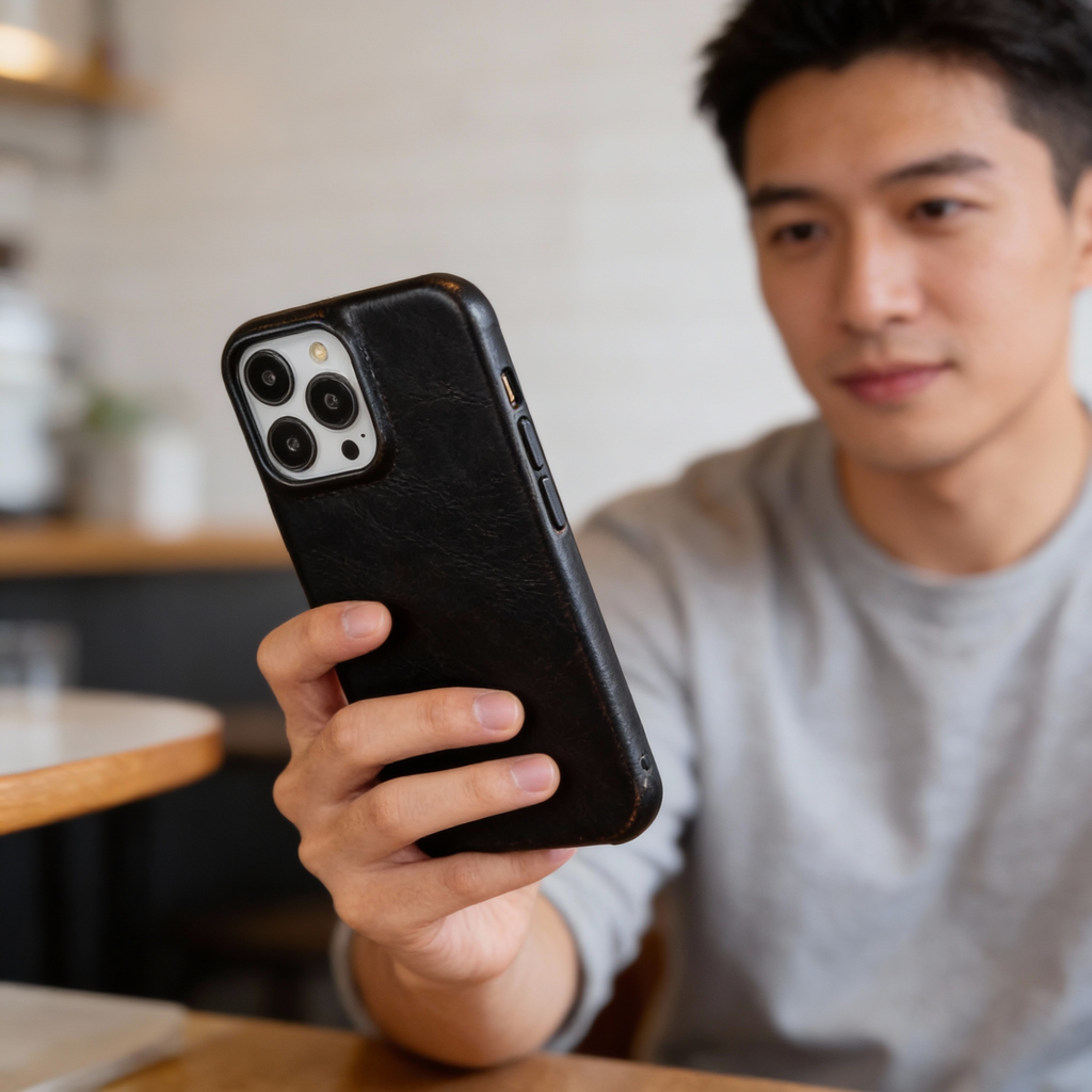Oil-Wax Genuine Leather Apple iPhone Case with Magnetic Ring
