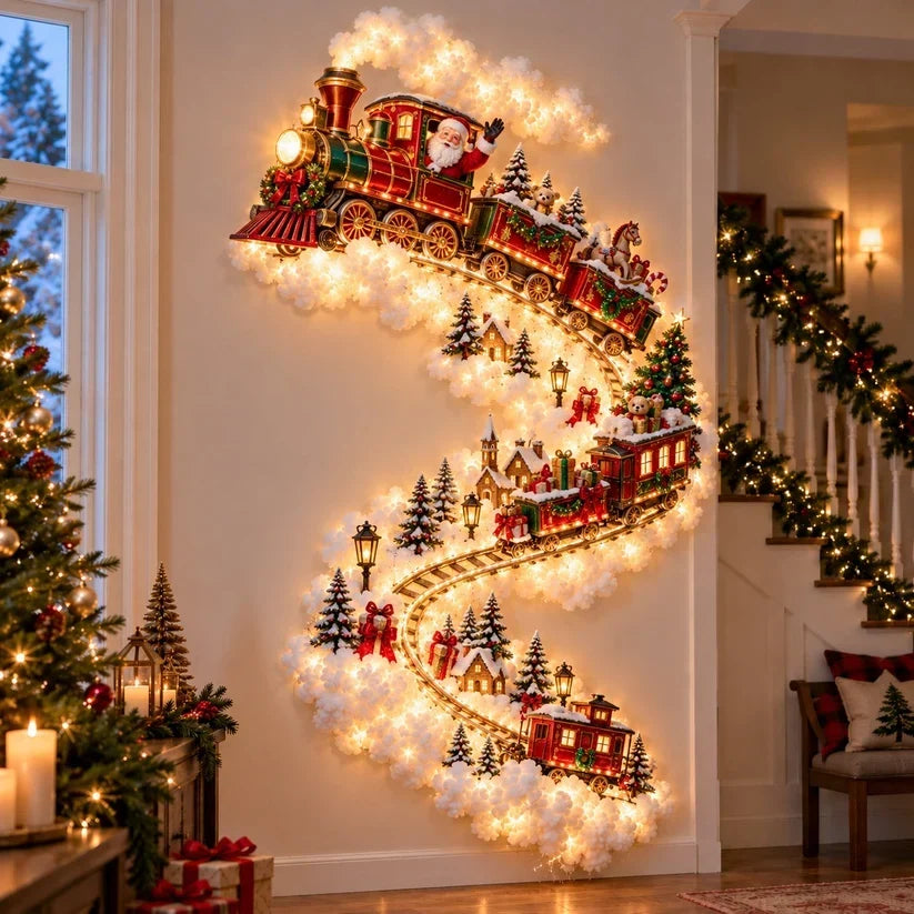 Christmas Wall Decoration with Warm Golden Lights and Winter Details
