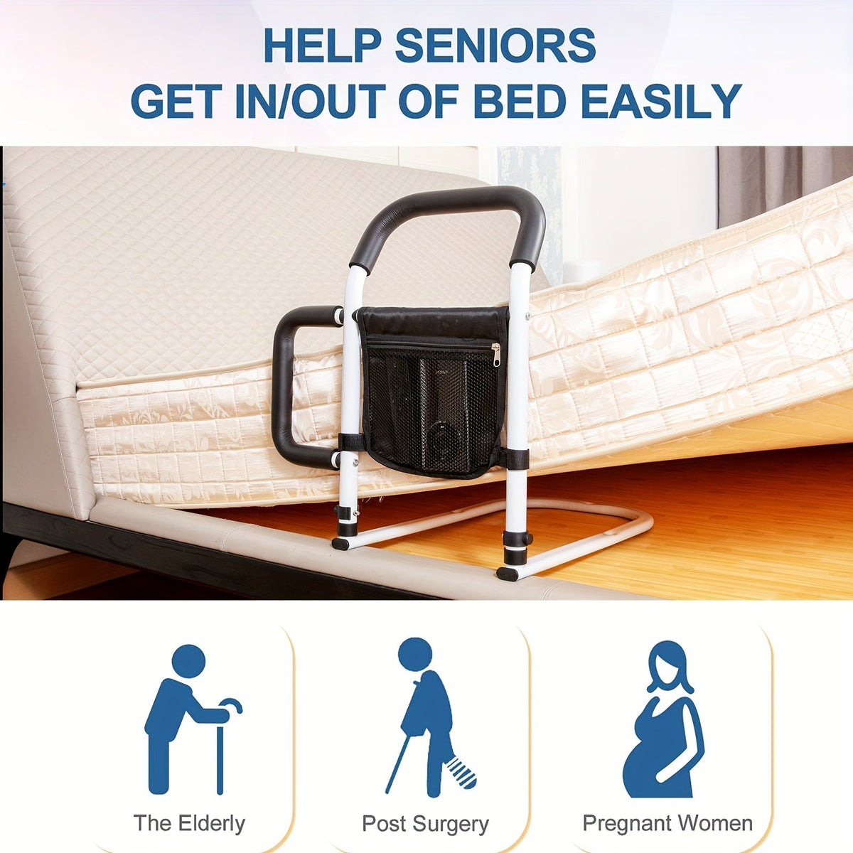 Bed Assist Handle with Dual Grips and Storage Bag, 136.08 kg Capacity