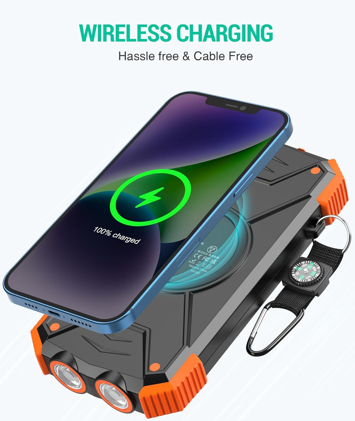Solar Power Bank with Carabiner, IPX4 Splash Protection