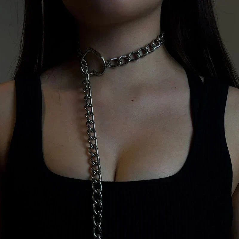 Gothic Punk Heart Y-Ring Necklace, Zinc-Plated Stainless Steel, 65cm