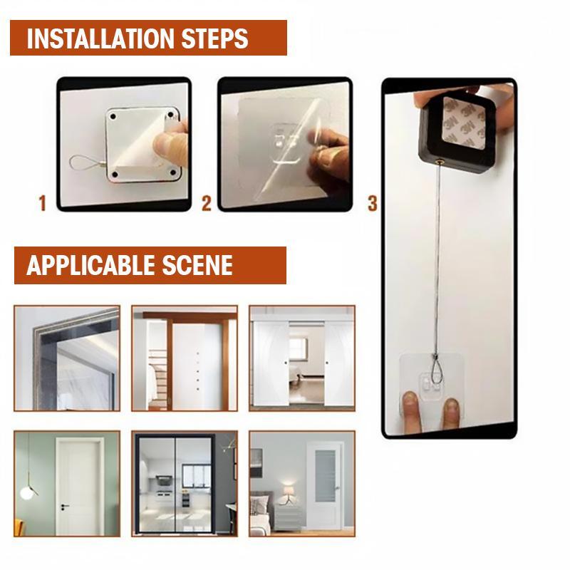 Punch-Free Automatic Door Closer with 3M Adhesive, ABS and Stainless Steel Rope