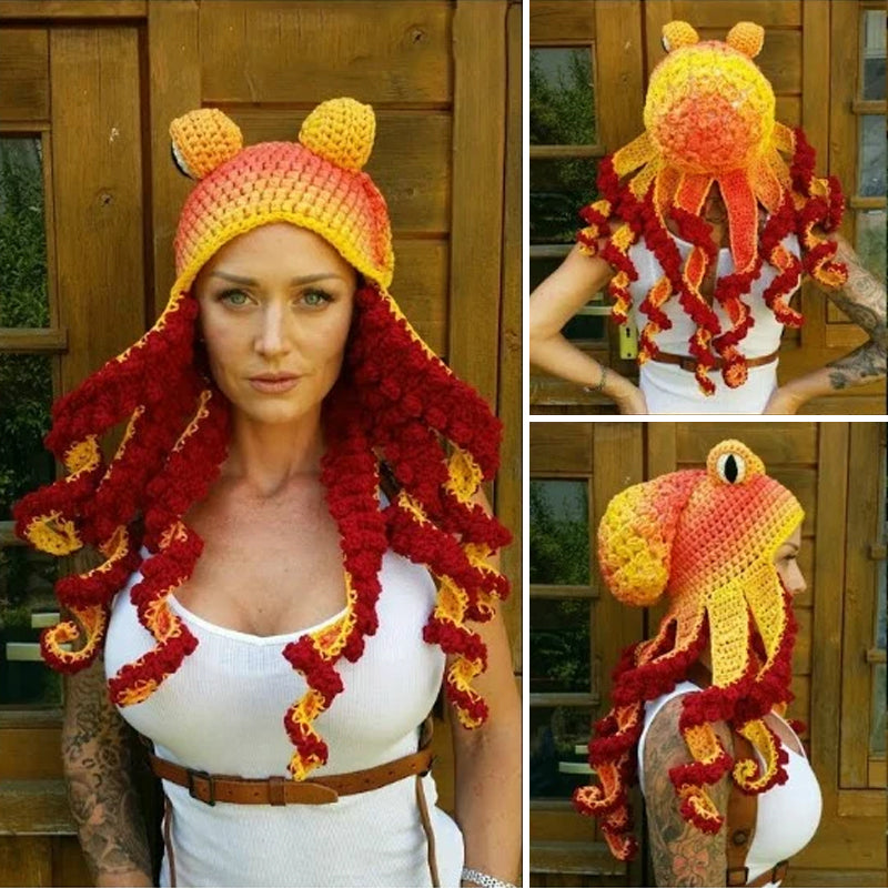 Crochet Octopus Hat with Wavy Tentacles, Large Eyes, Wool, 450g