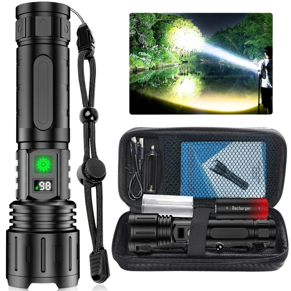 Rechargeable LED Aluminum Flashlight with Adjustable Beam and 5000mAh Battery