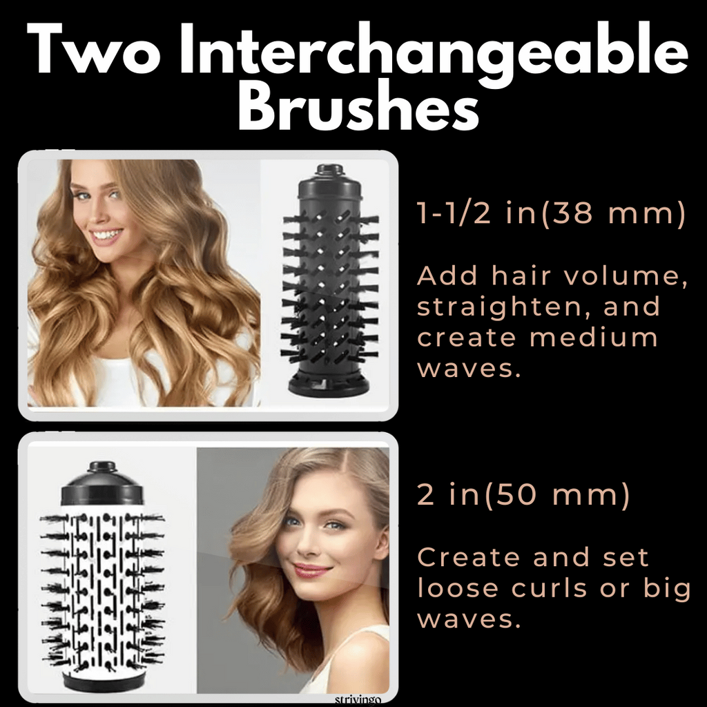 Rotating Hair Dryer and Styler with Two Brushes, 1000W, Adjustable Heat