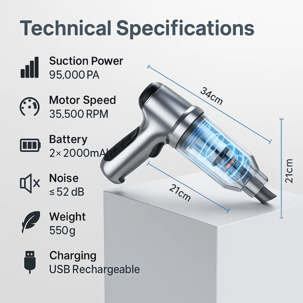 Cordless Car Vacuum Cleaner and Blower with USB-C Charging