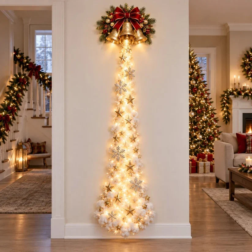 Christmas Wall Decoration with Warm Golden Lights and Winter Details