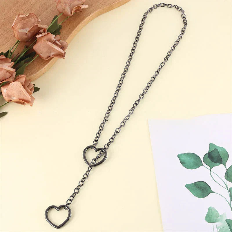 Gothic Punk Heart Y-Ring Necklace, Zinc-Plated Stainless Steel, 65cm