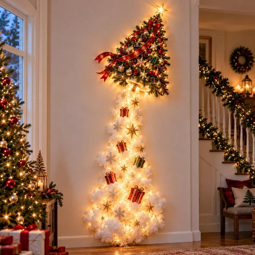 Christmas Wall Decoration with Warm Golden Lights and Winter Details