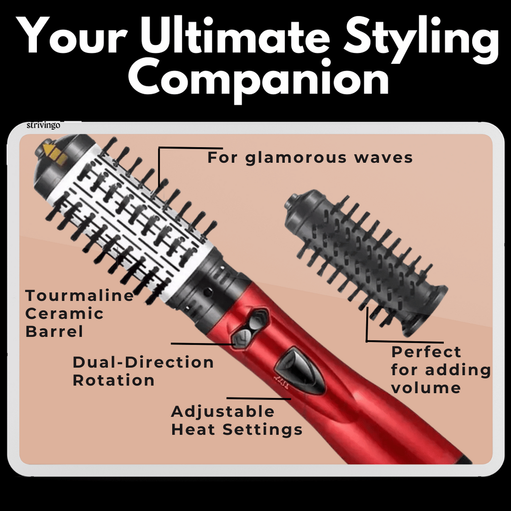 Rotating Hair Dryer and Styler with Two Brushes, 1000W, Adjustable Heat