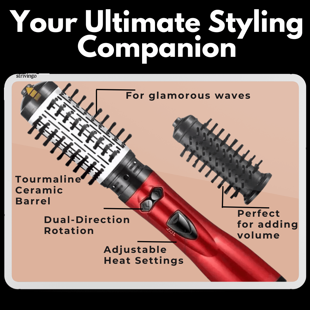 Rotating Hair Dryer and Styler with Two Brushes, 1000W, Adjustable Heat