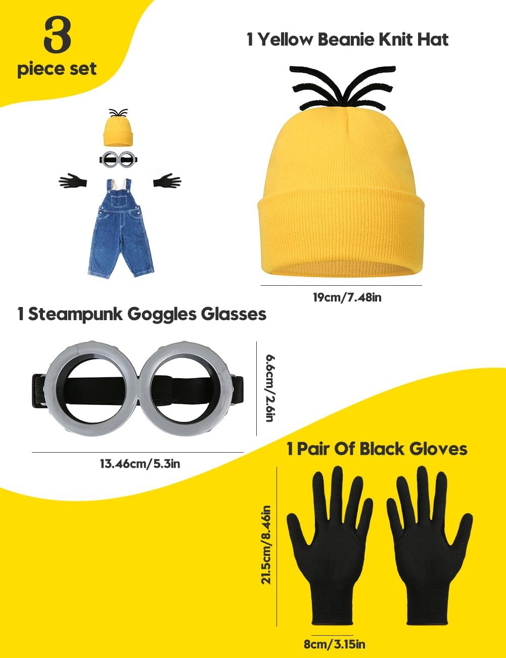 Adult Halloween Costume Accessories Set, Yellow Beanie, Goggles and Gloves