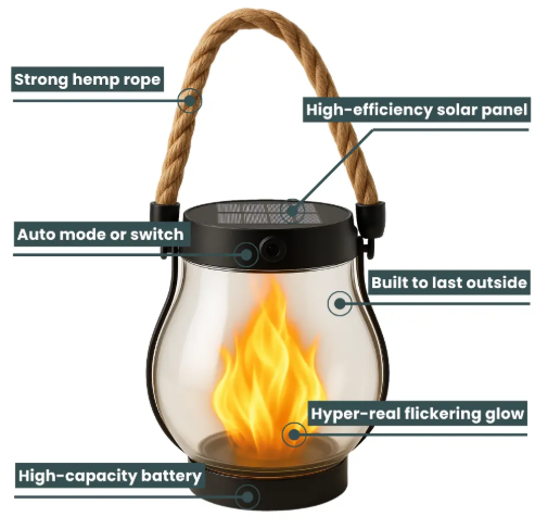 Solar Flame-Effect Lantern, 10 Inches, Hemp Rope Accents