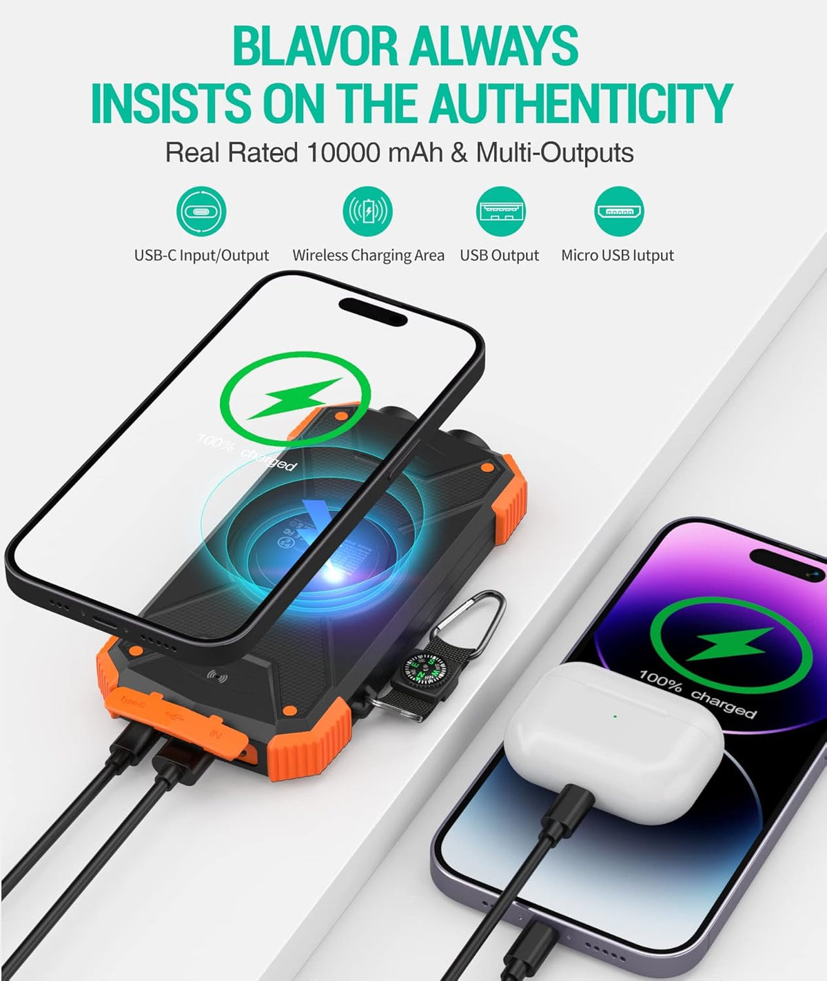 Solar Power Bank with Carabiner, IPX4 Splash Protection