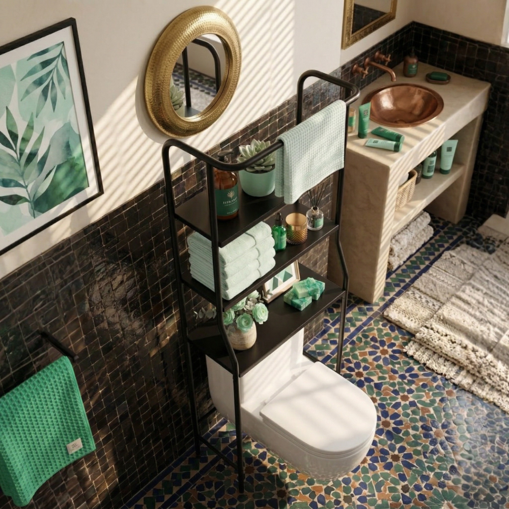 Freestanding 3-Tier Over-the-Toilet Bathroom Storage Shelf with Towel Bar
