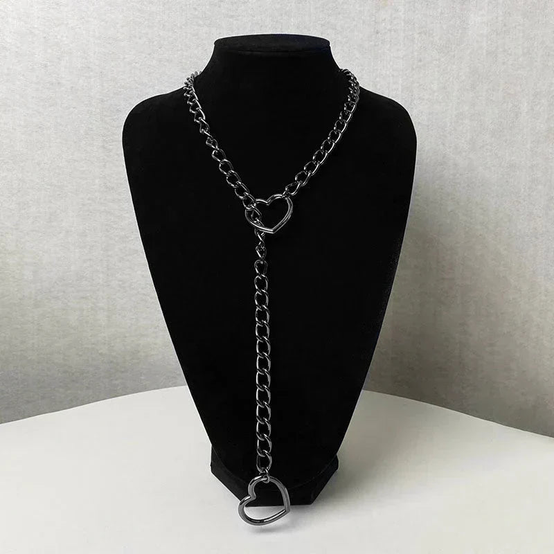 Gothic Punk Heart Y-Ring Necklace, Zinc-Plated Stainless Steel, 65cm