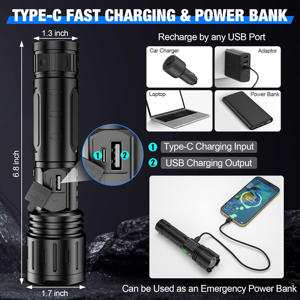 Rechargeable Aluminum LED Flashlight with Zoom Focus and LCD Battery Display