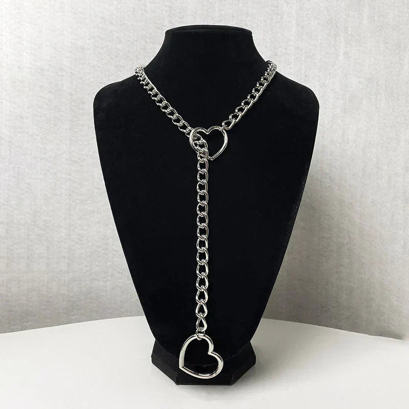 Gothic Punk Heart Y-Ring Necklace, Zinc-Plated Stainless Steel, 65cm