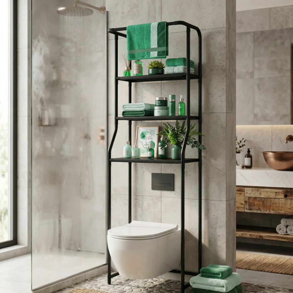 Freestanding 3-Tier Over-the-Toilet Bathroom Storage Shelf with Towel Bar