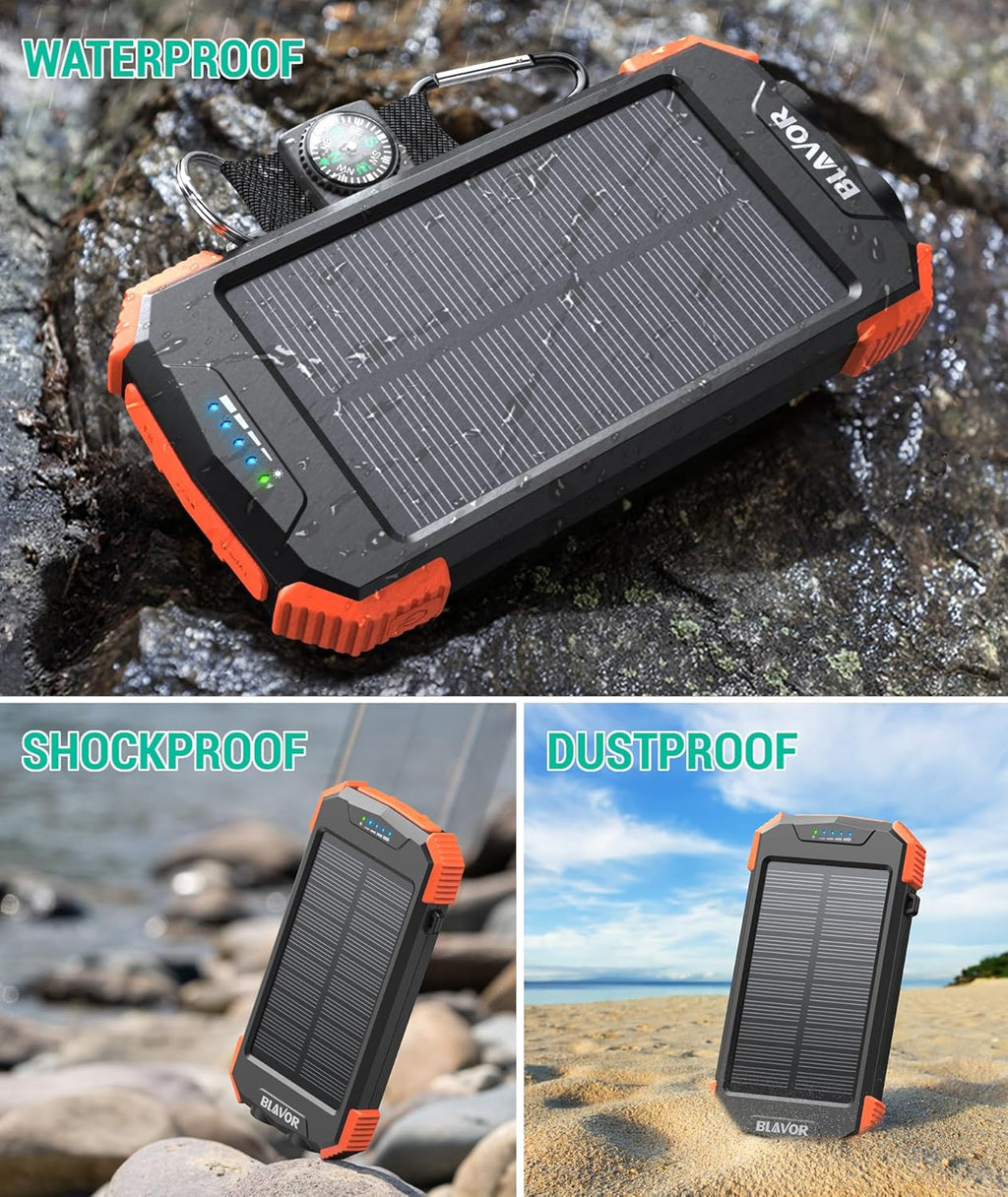 Solar Power Bank with Carabiner, IPX4 Splash Protection