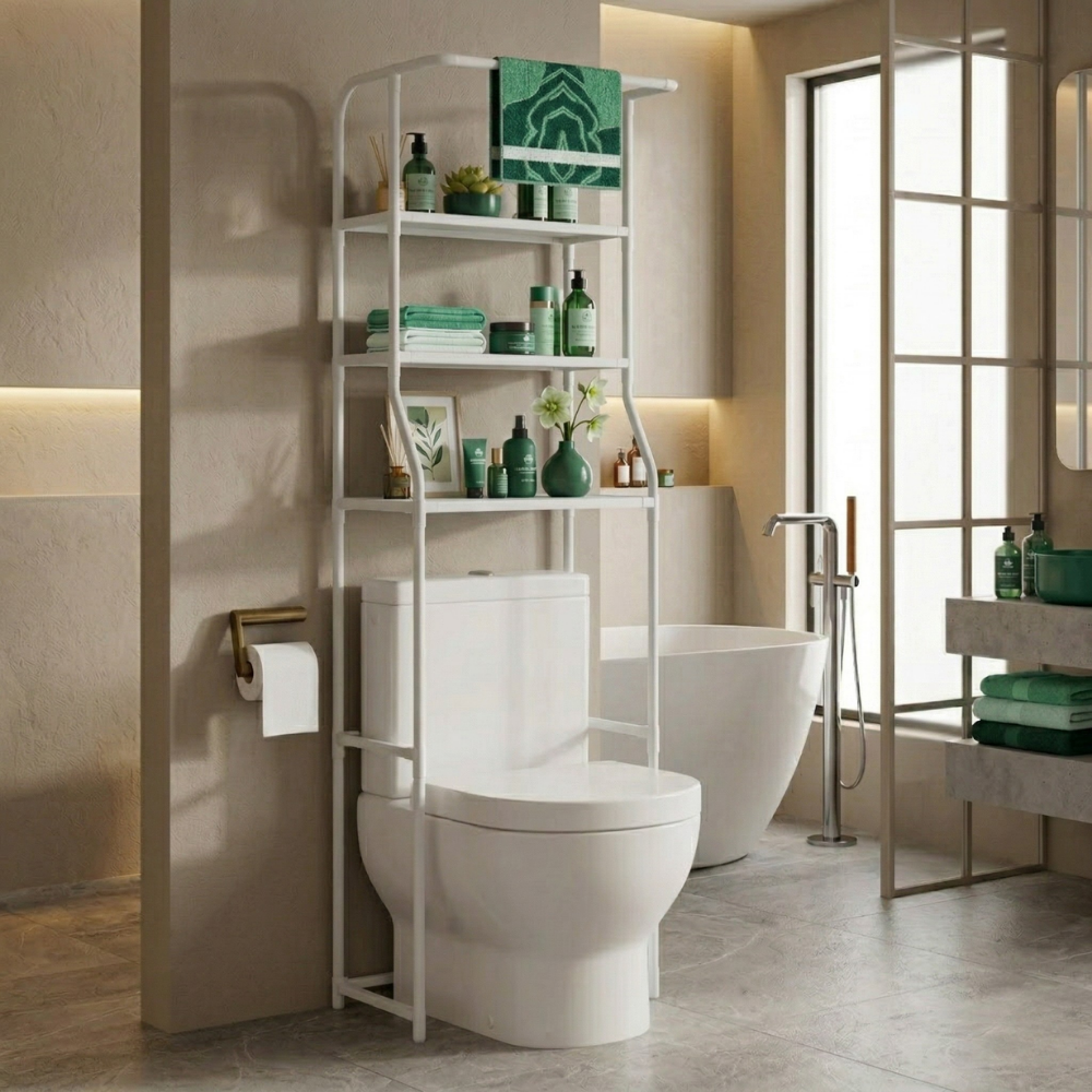 Freestanding 3-Tier Over-the-Toilet Bathroom Storage Shelf with Towel Bar