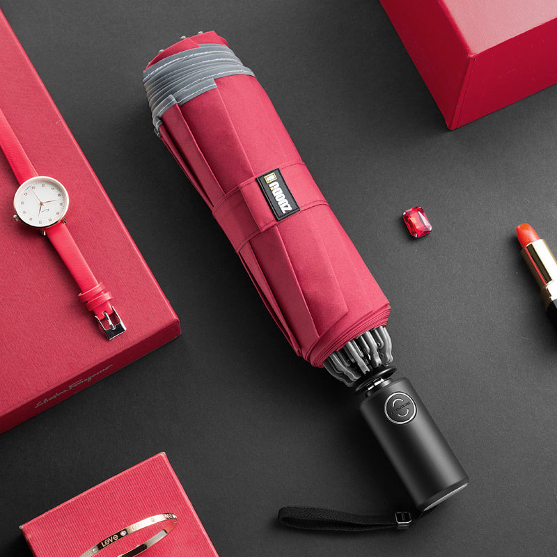 Reverse-Folding Automatic Rain Umbrella with LED Handle, Reflective Tape & 10 Ribs