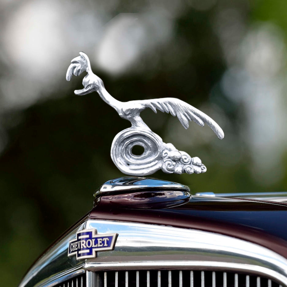 Road Runner Car Hood Ornament, Chrome-Plated Lead-Free Tin, 4 x 4 Inches