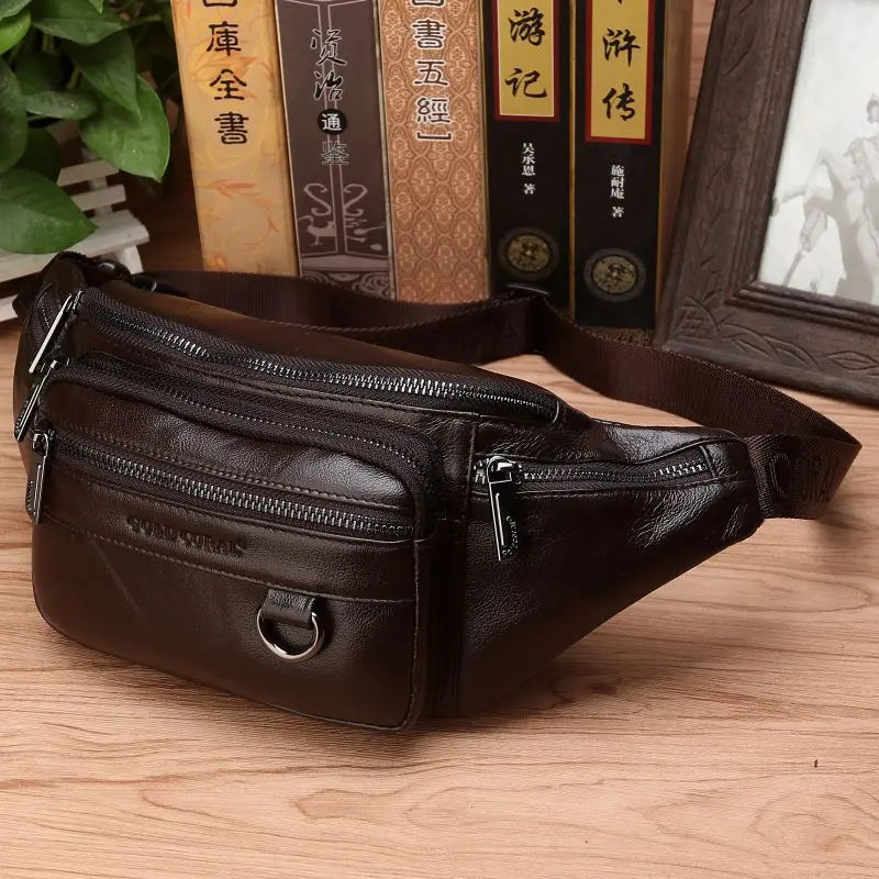 Cowhide Leather Men's Waist Bag, 22 cm, Adjustable Strap to 130 cm