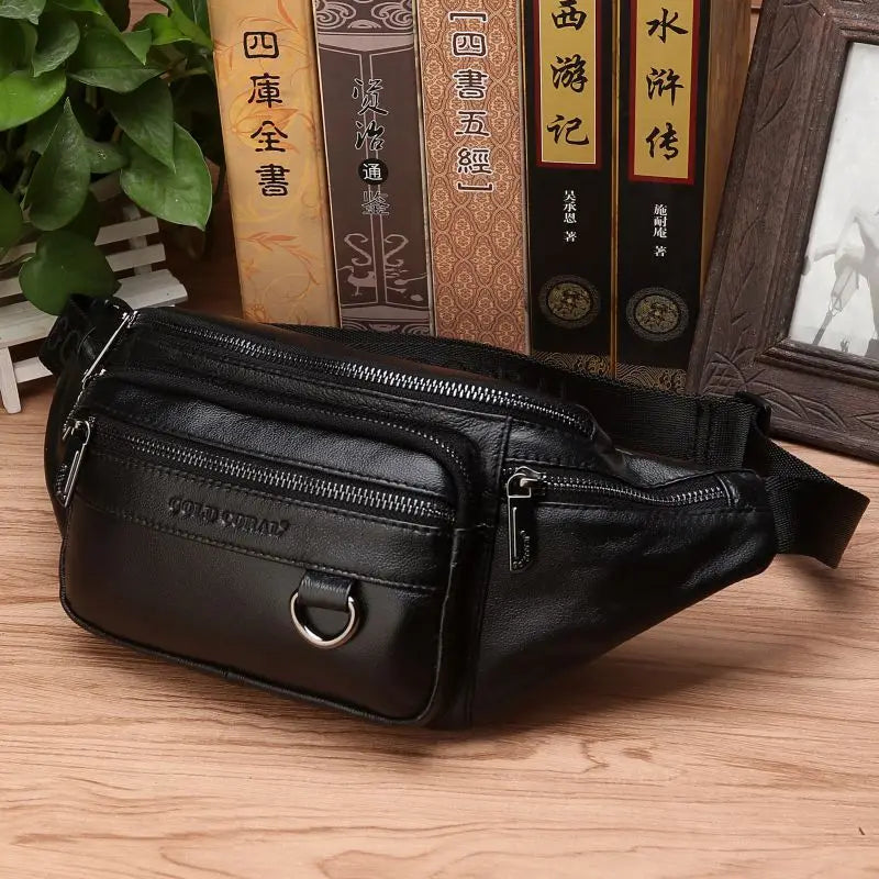 Cowhide Leather Men's Waist Bag, 22 cm, Adjustable Strap to 130 cm