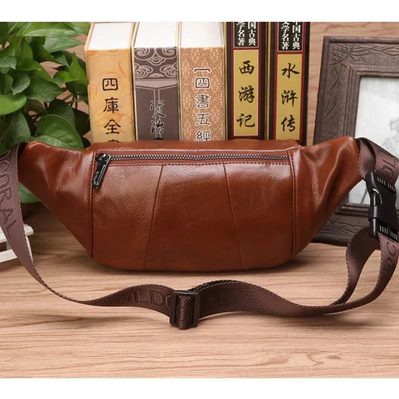Cowhide Leather Men's Waist Bag, 22 cm, Adjustable Strap to 130 cm