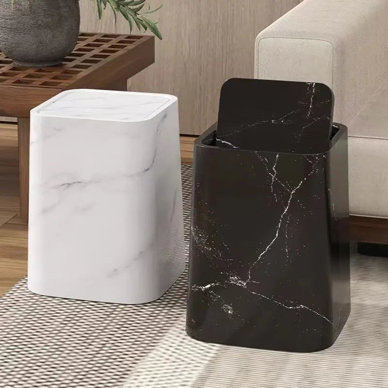 Marble-Design Plastic Trash Can with 360° Swing Lid