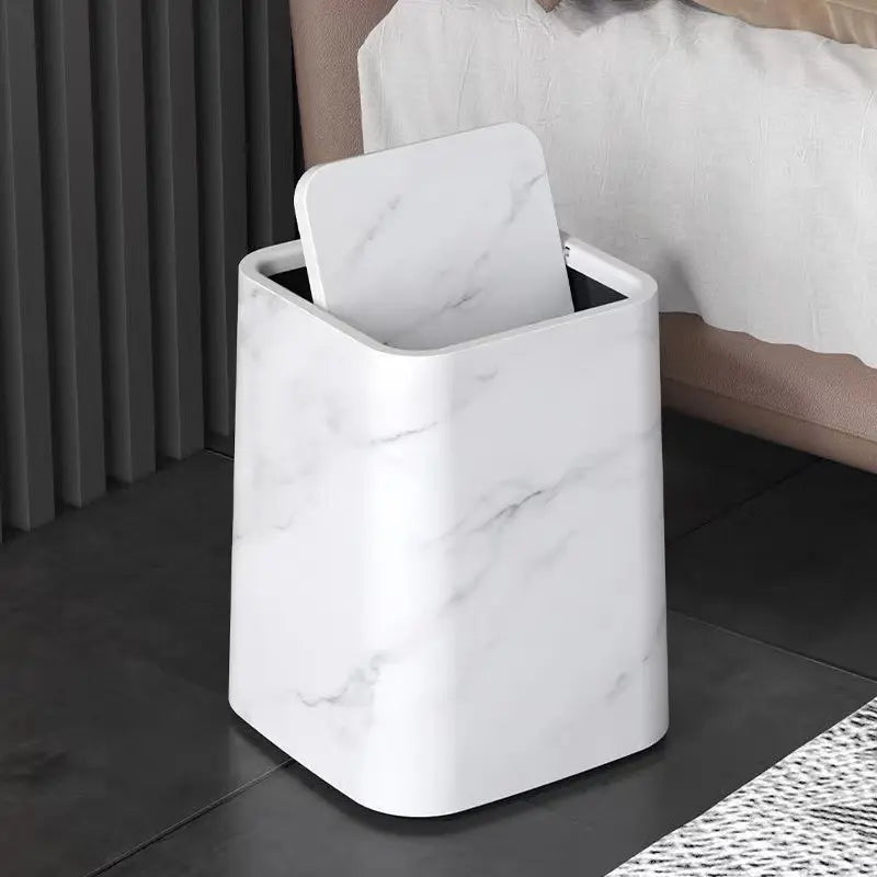 Marble-Design Plastic Trash Can with 360° Swing Lid