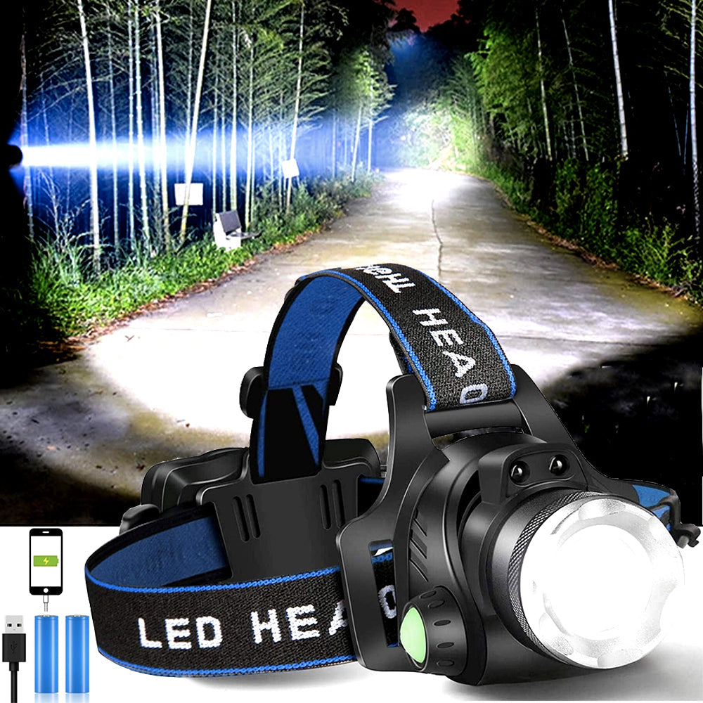 Rechargeable LED Headlamp with Adjustable Headband and Batteries