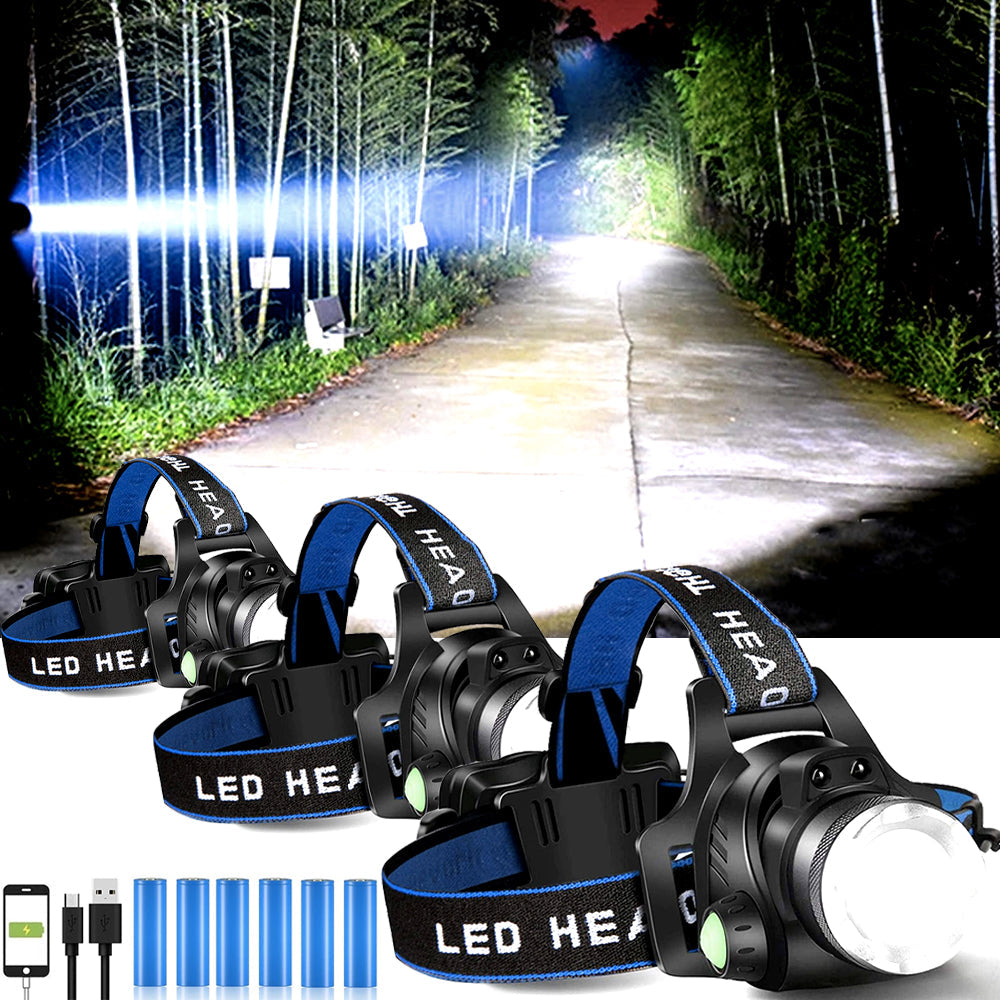 Rechargeable LED Headlamp with Adjustable Headband and Batteries