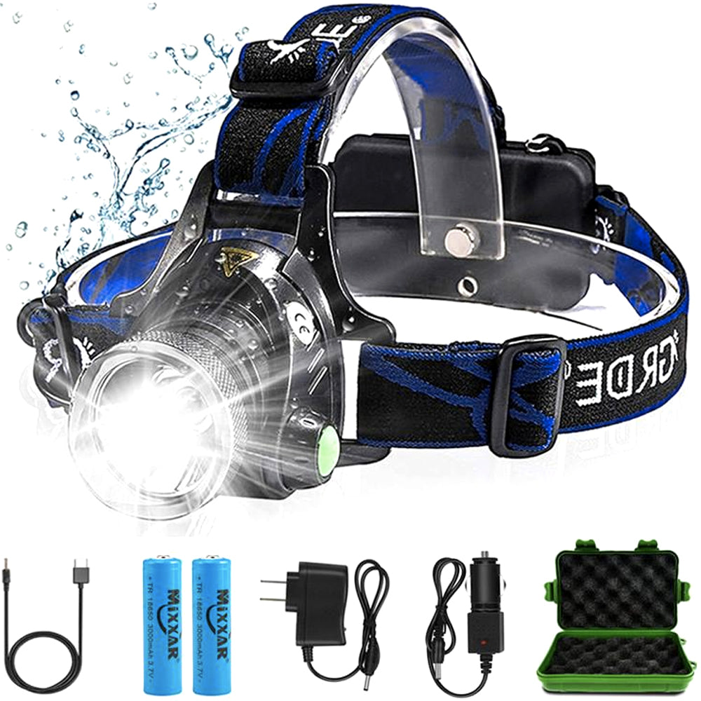 Rechargeable LED Headlamp with Adjustable Headband and Batteries