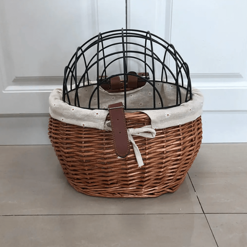 Front-Mounted Wicker Dog Bike Basket, Handwoven Rattan, 30 × 25 × 20 cm