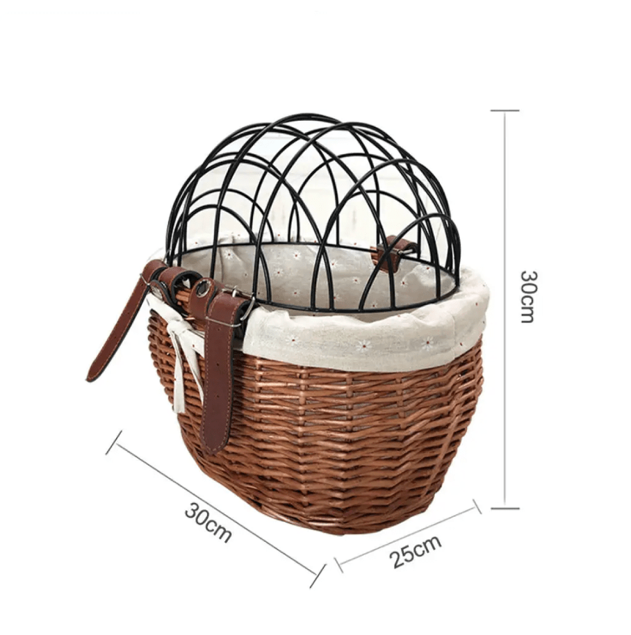 Front-Mounted Wicker Dog Bike Basket, Handwoven Rattan, 30 × 25 × 20 cm