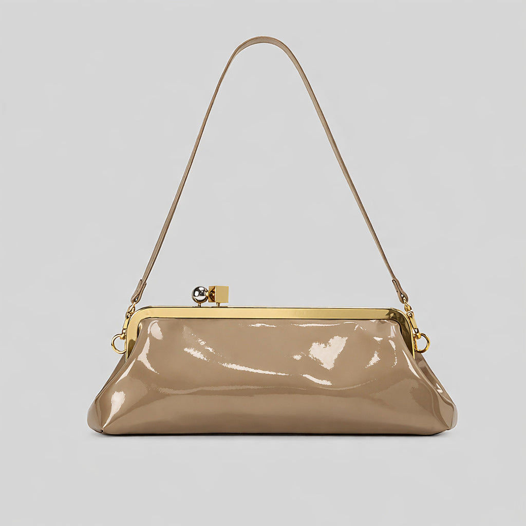 Patent Leather Evening Handbag with Detachable Strap and Frame Clasp