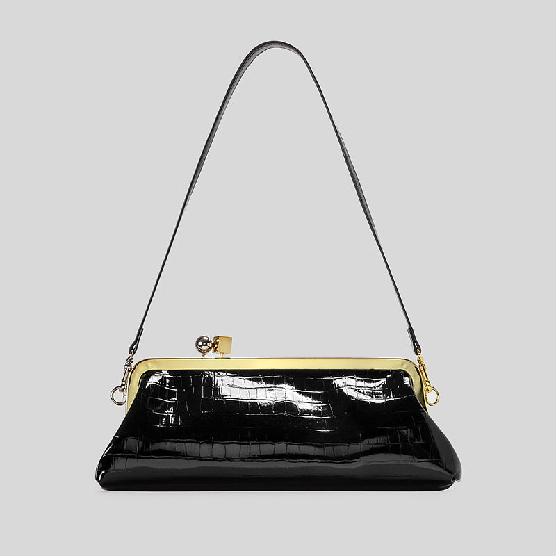 Patent Leather Evening Handbag with Detachable Strap and Frame Clasp