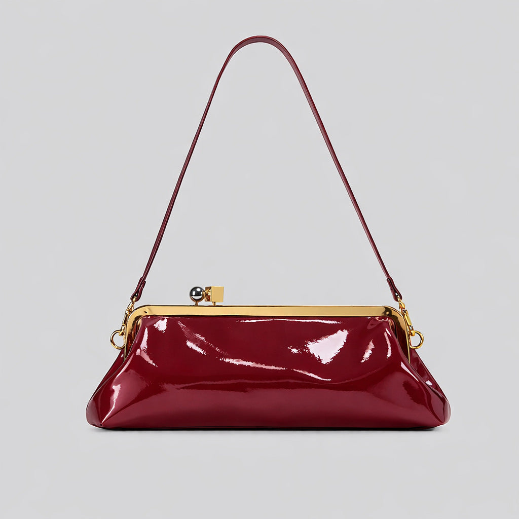 Patent Leather Evening Handbag with Detachable Strap and Frame Clasp