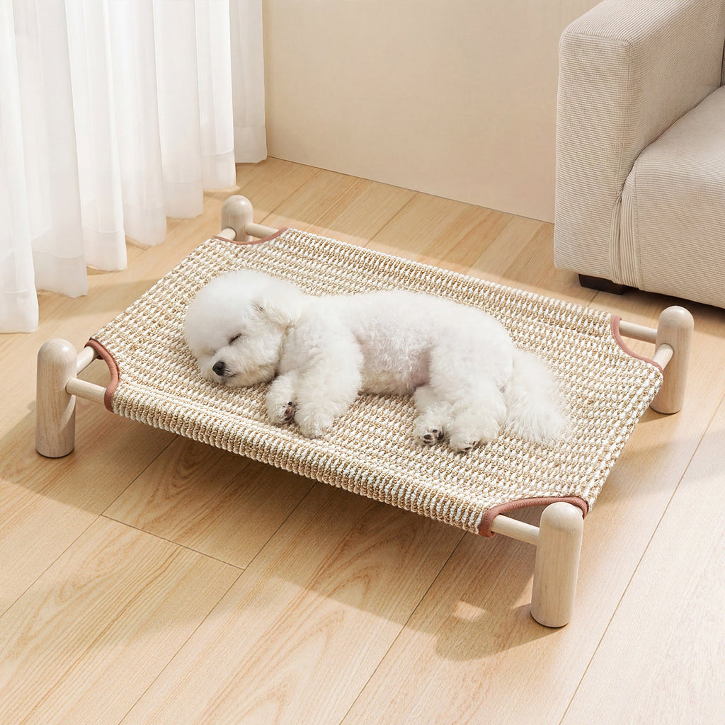 Elevated Wooden Pet Bed with Breathable Woven Cover for Cats and Small Dogs